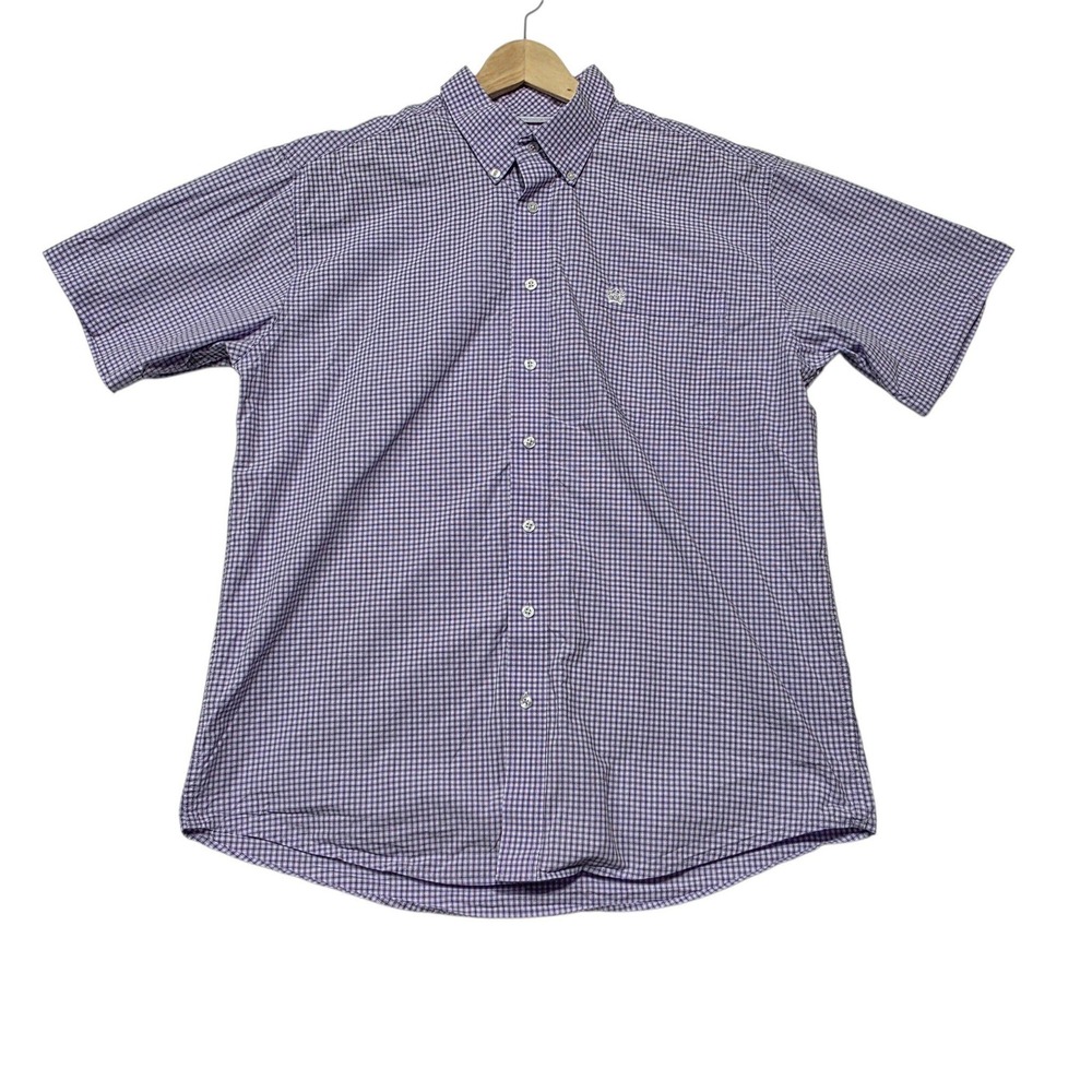Cinch Button Down Shirt Mens L Purple White Cotton Checkered Short Sleeve